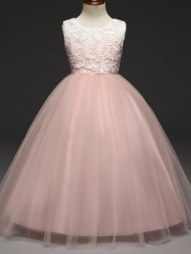 Charger l&amp;#39;image dans la galerie, Ball Gown Lace Tulle Sleeveless Jewel Neck Wedding Party Flower Girl Dresses-BIZTUNNEL
