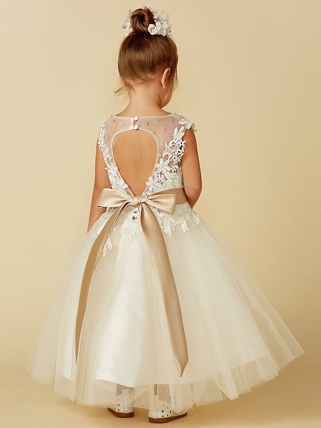 Ball Gown Lace Tulle Sleeveless Jewel Neck Wedding Party Pageant Flower Girl Dresses-BIZTUNNEL