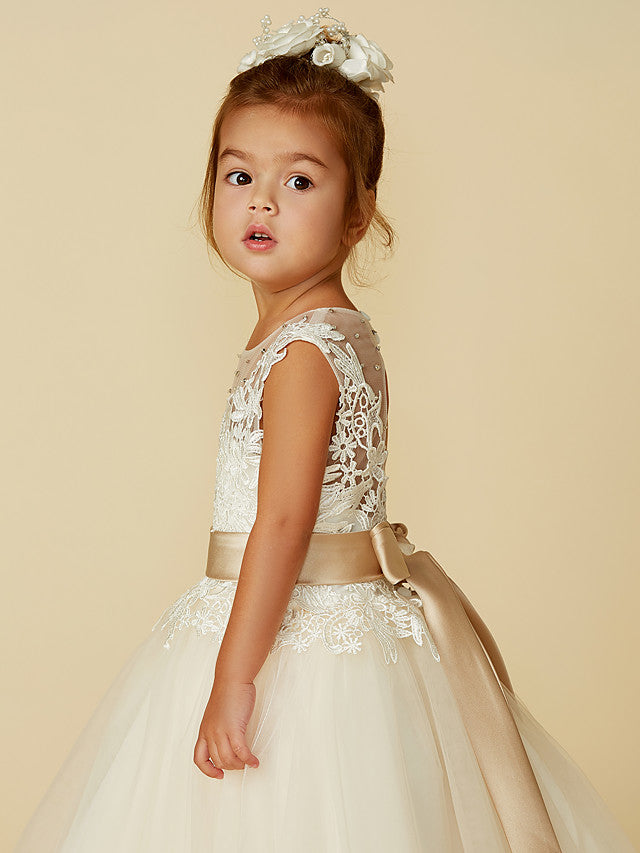 Jewel Neck Lace Sleeveless Ankle Length Ball Gown Studded Kids Pageant flower girl dresses