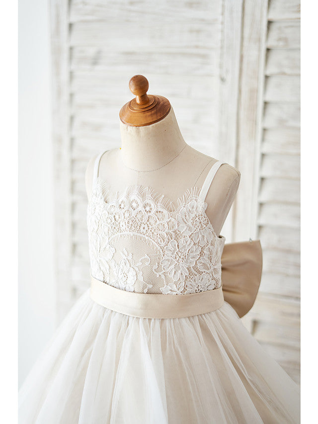 Ball Gown Lace Tulle Sleeveless Spaghetti Strap Wedding Birthday Flower Girl Dresses-BIZTUNNEL