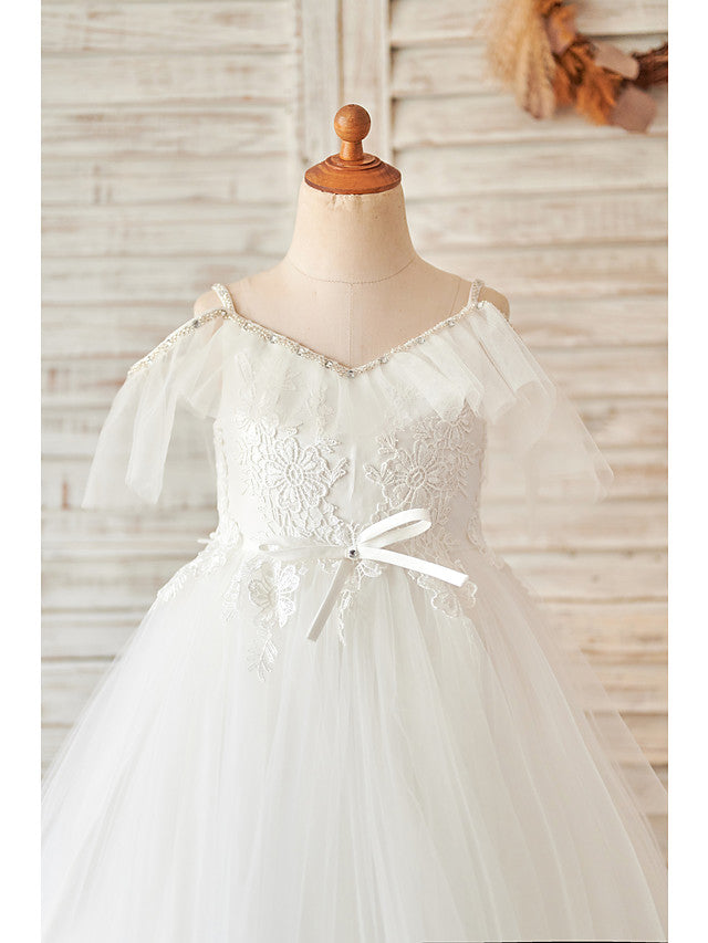 Ball Gown Lace Tulle Sleeveless V Neck Wedding Birthday Flower Girl Dresses-BIZTUNNEL