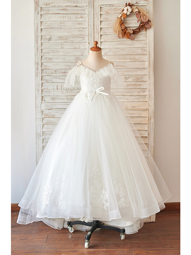 Ball Gown Lace Tulle Sleeveless V Neck Wedding Birthday Flower Girl Dresses-BIZTUNNEL