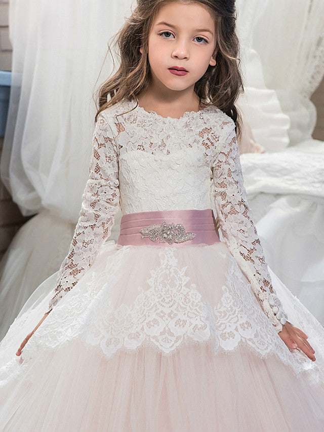 Ball Gown Lace Tulle Sweep Brush Train Wedding Birthday Pageant Flower Girl Dresses with Sleeves-BIZTUNNEL
