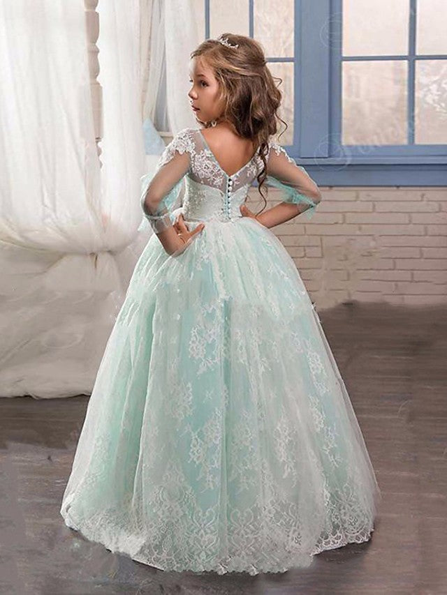 Ball Gown Lace Tulle Sweep Brush Train Wedding Party Flower Girl Dresses with Sleeves-BIZTUNNEL
