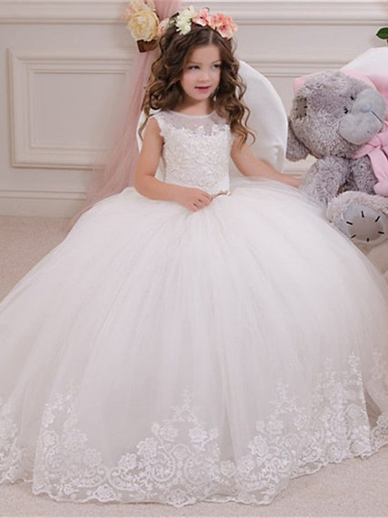 Ball Gown Lace Tulle Sweep Brush Train Wedding Party Flower Girl Dresses-BIZTUNNEL