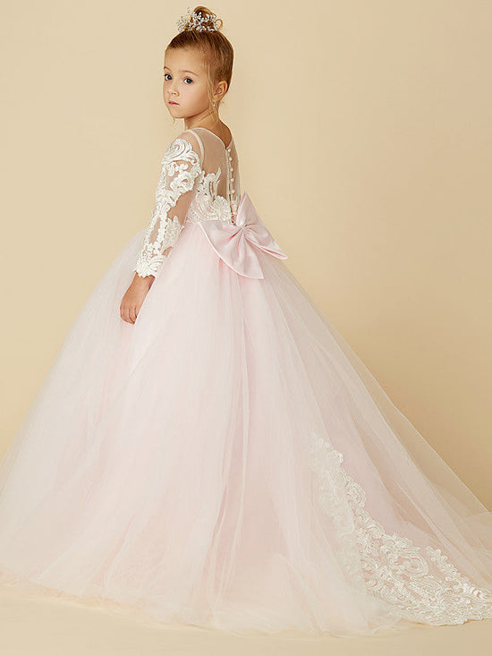 Ball Gown Lace Tulle Wedding Party Pageant Flower Girl Dresses with Sleeves-BIZTUNNEL