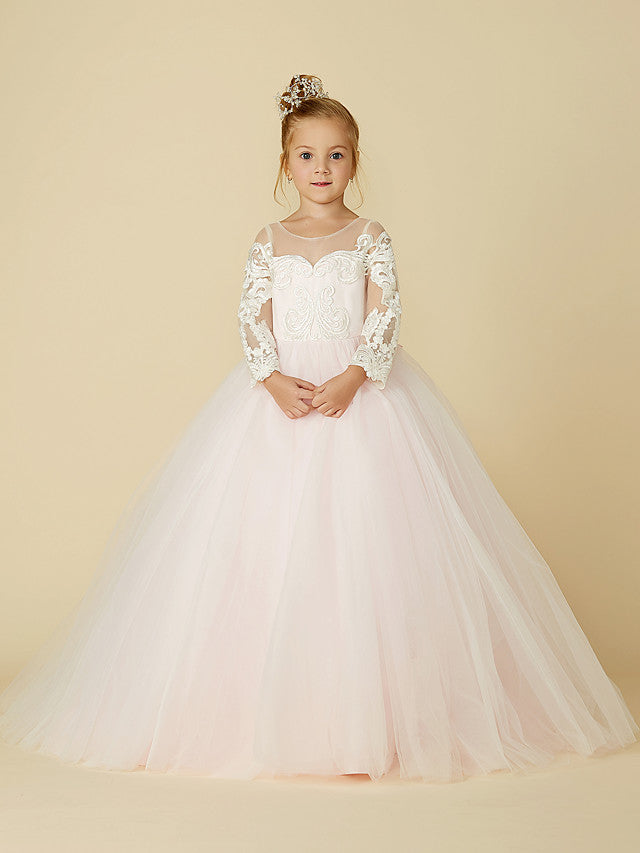 Ball Gown Lace Tulle Wedding Party Pageant Flower Girl Dresses with Sleeves-BIZTUNNEL