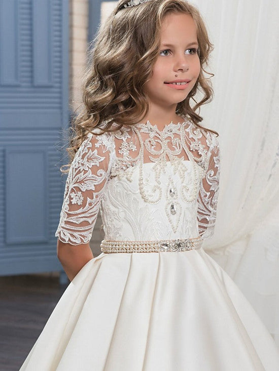 Ball Gown Matte Satin Jewel Neck Sweep Brush Train Wedding Birthday Pageant Flower Girl Dresses with Sleeves-BIZTUNNEL
