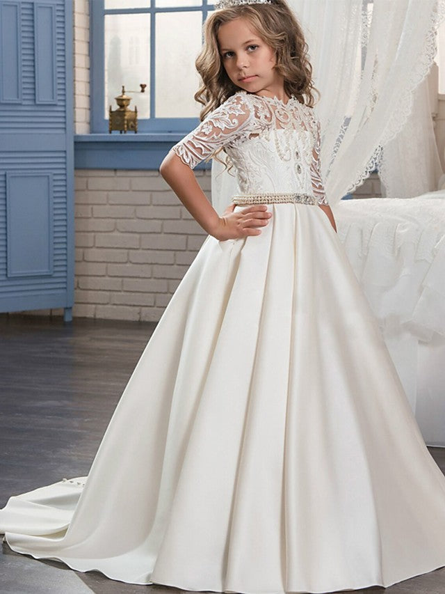 Ball Gown Matte Satin Jewel Neck Sweep Brush Train Wedding Birthday Pageant Flower Girl Dresses with Sleeves-BIZTUNNEL