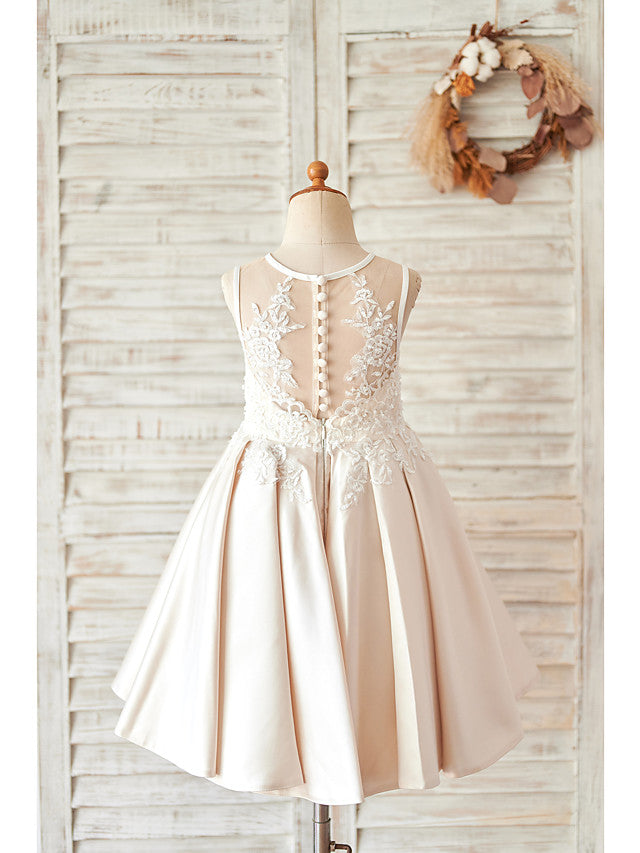 Ball Gown Satin Sleeveless Jewel Neck Wedding Birthday Flower Girl Dresses-BIZTUNNEL