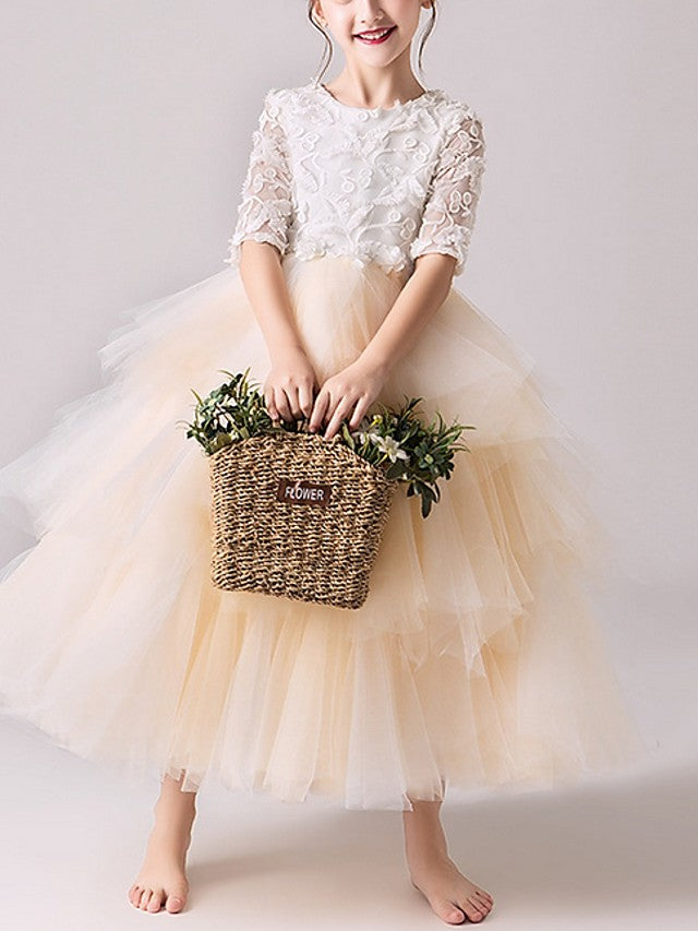Charger l&amp;#39;image dans la galerie, Ball Gown Tulle Jewel Neck Pageant Flower Girl Dresses With Sleeves-BIZTUNNEL
