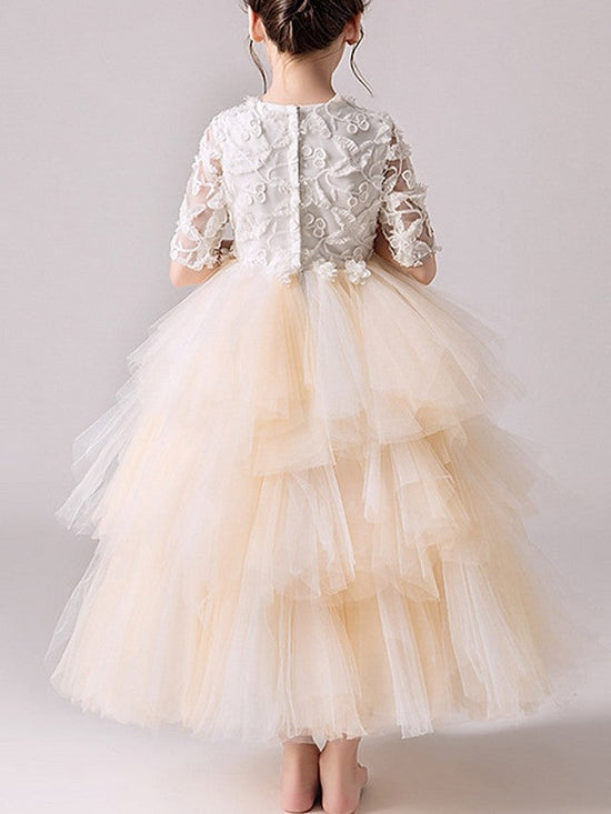Ball Gown Tulle Jewel Neck Pageant Flower Girl Dresses With Sleeves-BIZTUNNEL
