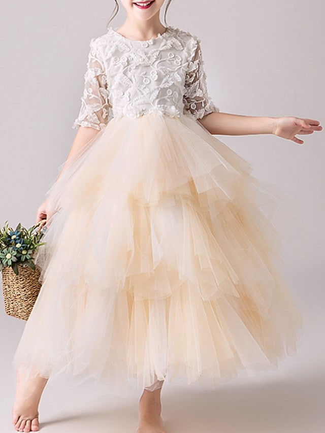 Ball Gown Tulle Jewel Neck Pageant Flower Girl Dresses With Sleeves-BIZTUNNEL