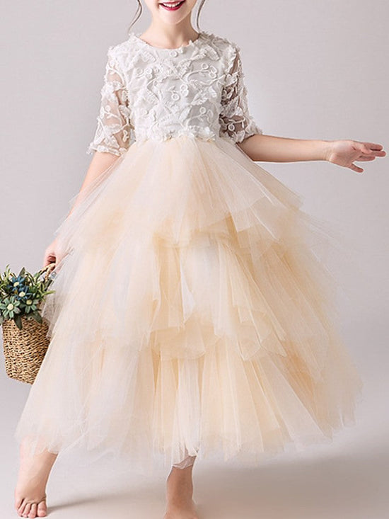 Charger l&amp;#39;image dans la galerie, Ball Gown Tulle Jewel Neck Pageant Flower Girl Dresses With Sleeves-BIZTUNNEL
