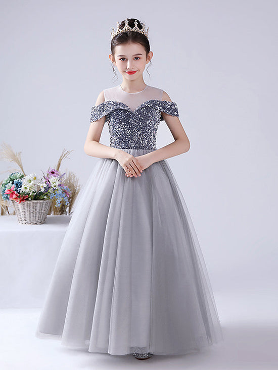 Charger l&amp;#39;image dans la galerie, Ball Gown Tulle Sequined Off The Shoulder Jewel Neck Party Birthday Flower Girl Dresses-BIZTUNNEL
