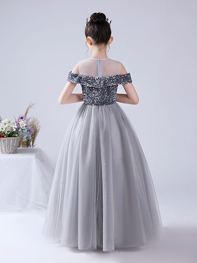 Ball Gown Tulle Sequined Off The Shoulder Jewel Neck Party Birthday Flower Girl Dresses-BIZTUNNEL