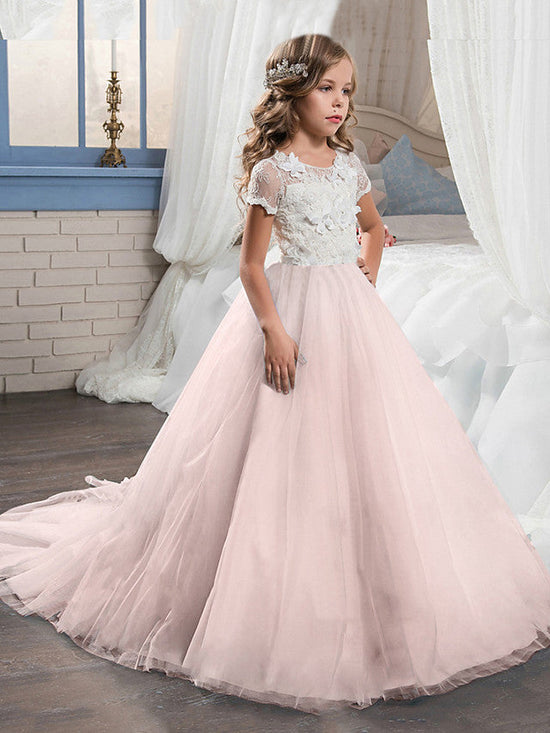 Ball Gown Tulle Short Sleeve Jewel Neck Sweep Brush Train Wedding Party Flower Girl Dresses-BIZTUNNEL