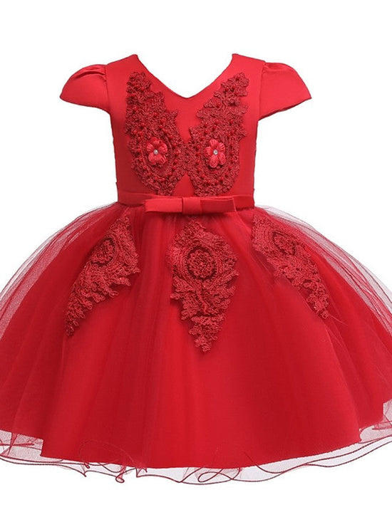Ball Gown Tulle Short Sleeve V Neck Wedding Party Flower Girl Dresses ...