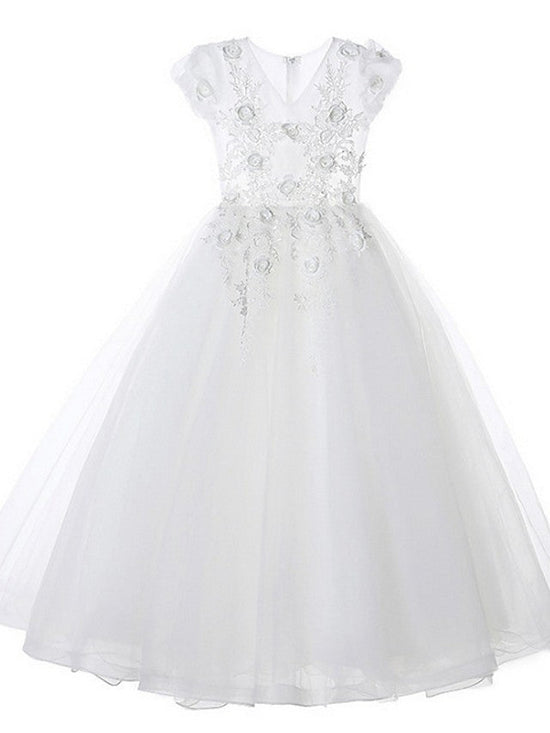 Ball Gown Tulle Short Sleeve V Neck Wedding Party Flower Girl Dresses-BIZTUNNEL