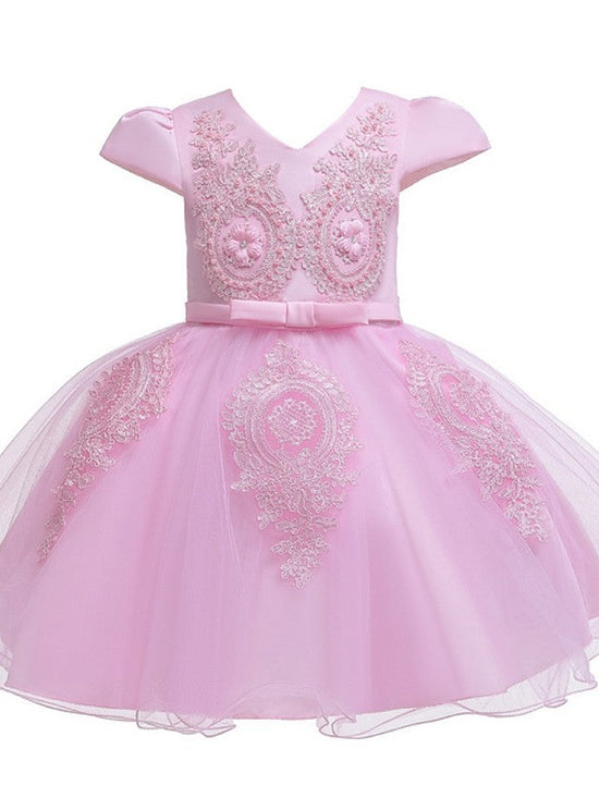 Princess V Neck Pink Satin Tulle Short Wedding Party Flower Girl Dress
