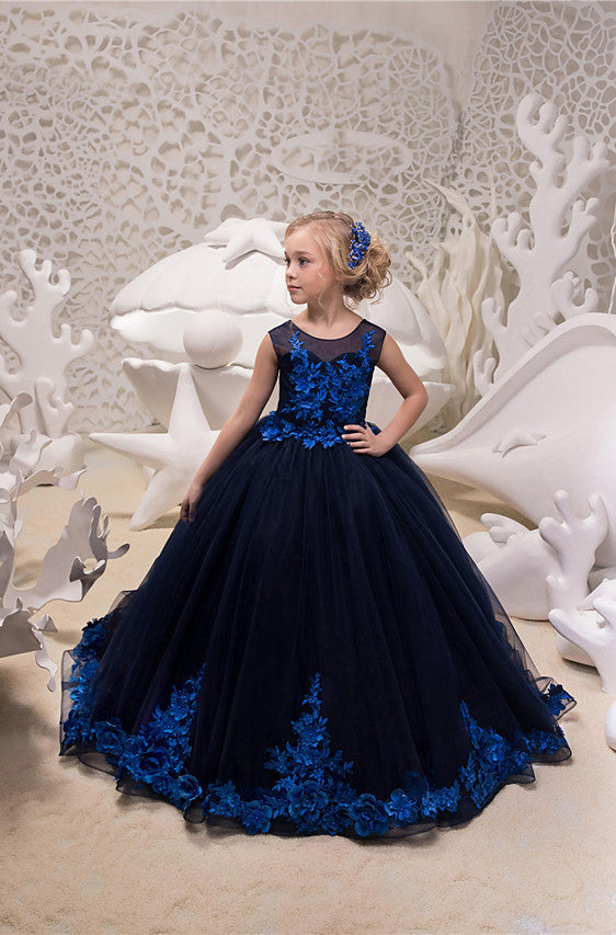 Charger l&amp;#39;image dans la galerie, Ball Gown Tulle Sleeveless Jewel Neck Sweep Brush Train Wedding Party Flower Girl Dresses-BIZTUNNEL
