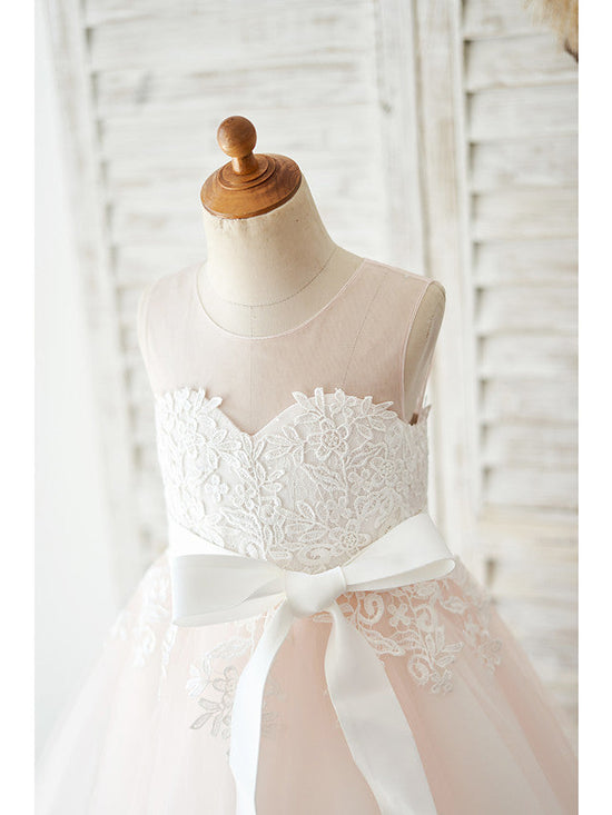 Ball Gown Tulle Sleeveless Jewel Neck Wedding Party Flower Girl Dresses-BIZTUNNEL