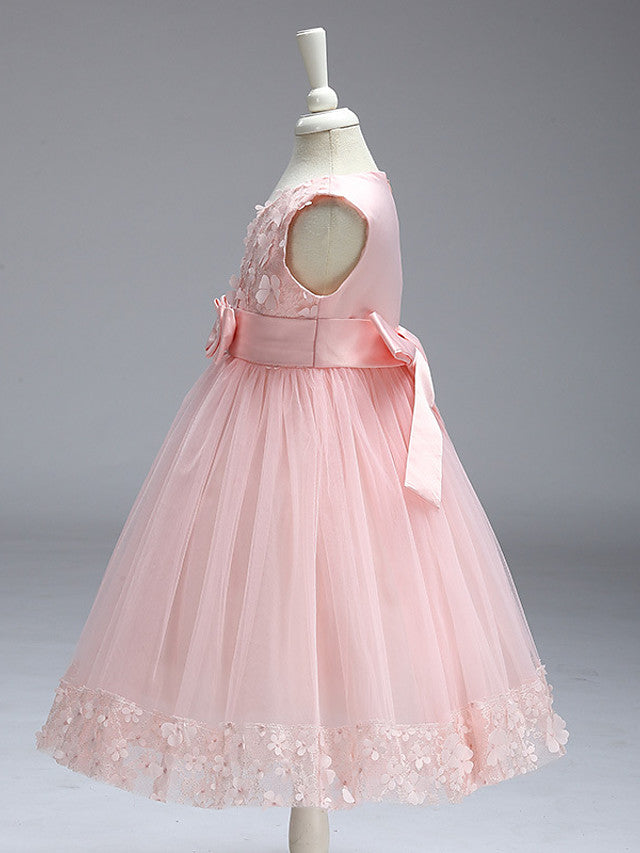Ball Gown Tulle Sleeveless Jewel Neck Wedding Party Flower Girl Dresses With Bow-BIZTUNNEL