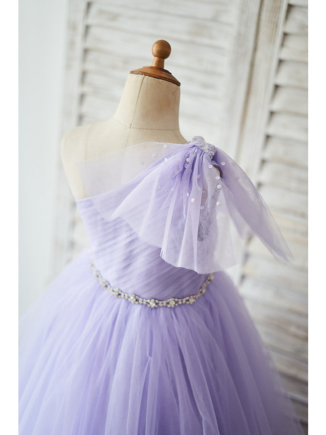Ball Gown Tulle Sleeveless One Shoulder Wedding Birthday Flower Girl Dresses-BIZTUNNEL