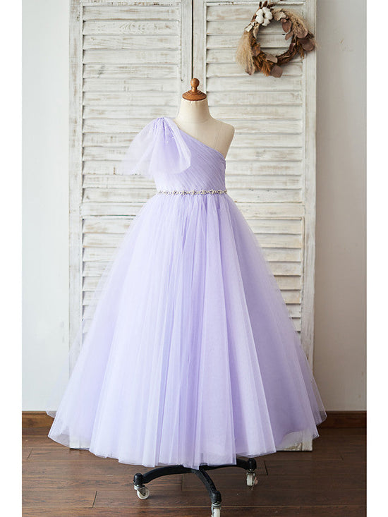 Ball Gown Tulle Sleeveless One Shoulder Wedding Birthday Flower Girl Dresses-BIZTUNNEL