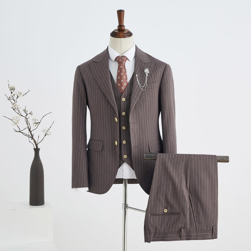 
                  
                    Bartley Popular Coffee Striped Peaked Lapel 2 Button Business Suit For Men
                  
                