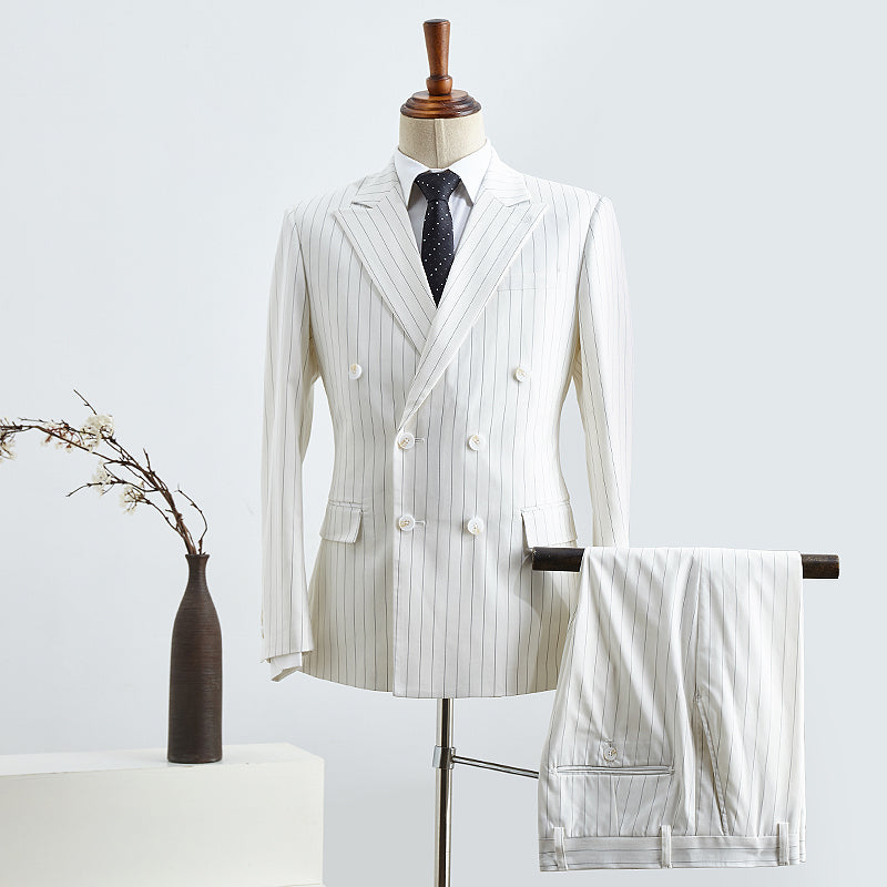 
                  
                    Basil Simple White Striped Double Breasted Slim Fit Custom Suit For Business
                  
                
