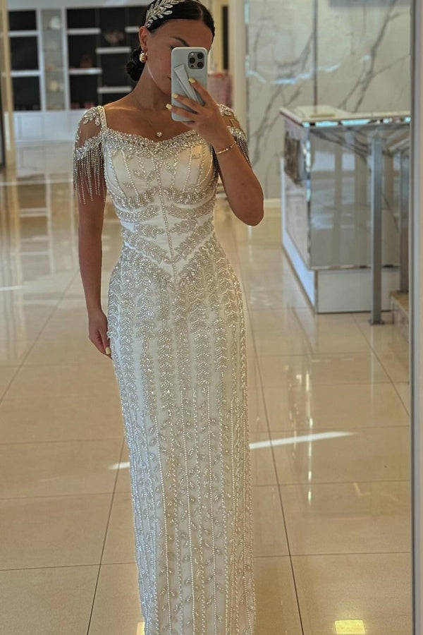 Bateau Long Mermaid Evening Dresses with Cap Sleeves