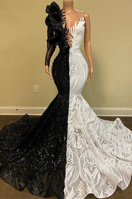 Long Sleeves Black and White Mermaid Prom Dress with Sequins Lace