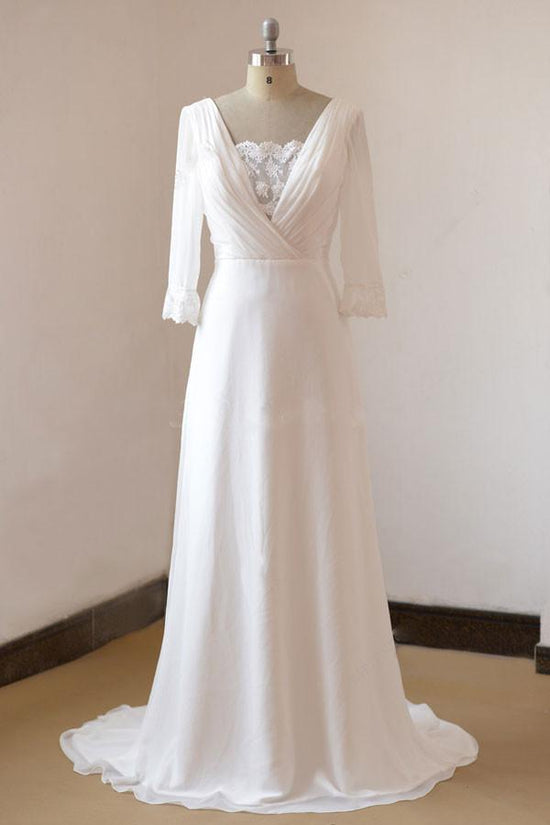 Beach Long A-line Chiffon Backless Wedding Dress with Sleeves-BIZTUNNEL