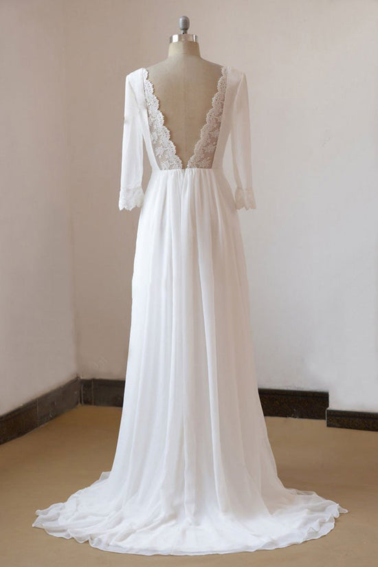 Beach Long A-line Chiffon Backless Wedding Dress with Sleeves-BIZTUNNEL