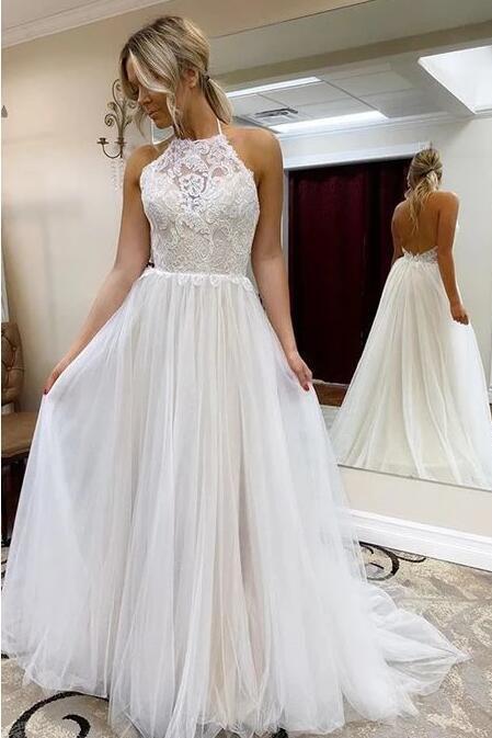 Beach Long A Line Halter Tulle Lace Backless Wedding Dress-BIZTUNNEL