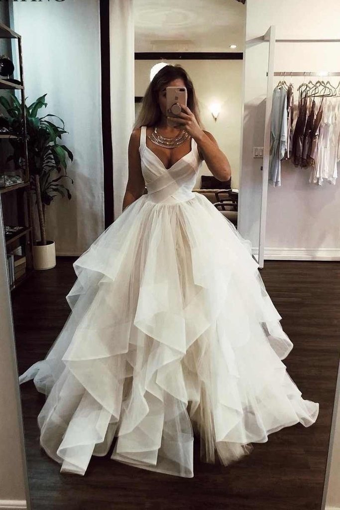 Beach Long A-line Sweetheart Tulle Cascading Ruffles Wedding Dress-BIZTUNNEL