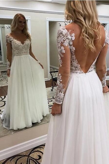 Beach Long A Line V Neck Tulle Backless Wedding Dress with Sleeves-BIZTUNNEL