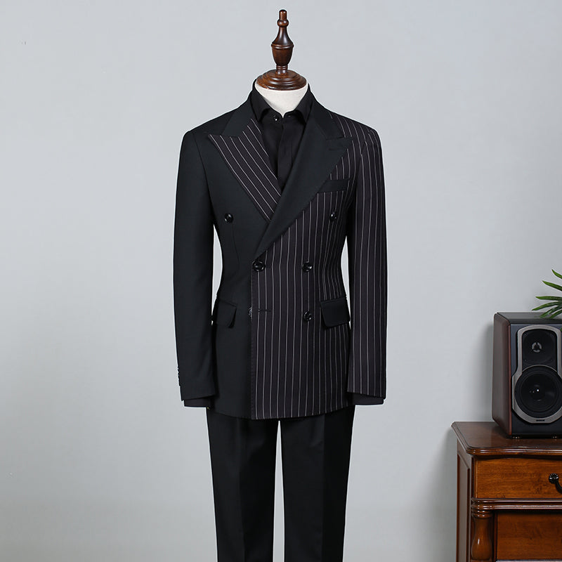 
                  
                    Beacher Formal Black Striped Peaked Lapel Double Breasted Bespoke Business Suit
                  
                