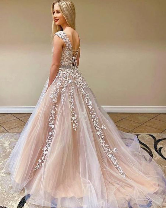 Beautiful A-Line Lace Tulle Backless Long Prom Dress-BIZTUNNEL