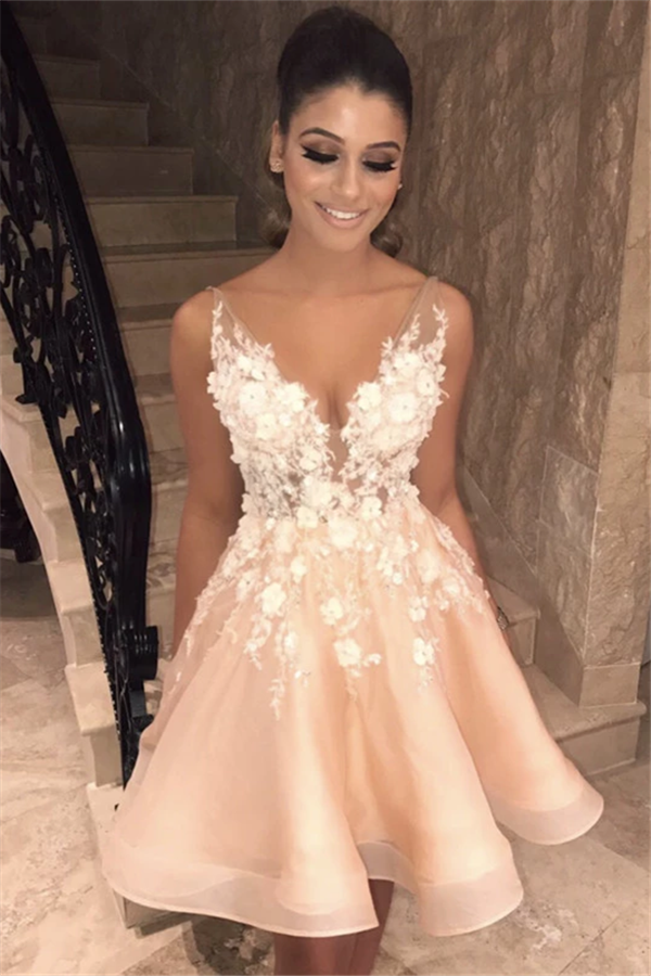 Beautiful A-line V-neck Lace Short Prom Dress-BIZTUNNEL