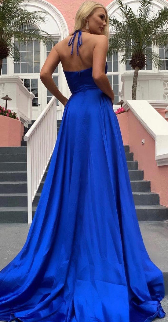 Load image into Gallery viewer, Beautiful A-line V-neck Stretch Satin Backless Long Prom Dress with Slit-BIZTUNNEL
