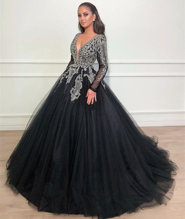 Beautiful Ball Gown V-neck Appliques Lace Long Prom Dress with Sleeves-BIZTUNNEL
