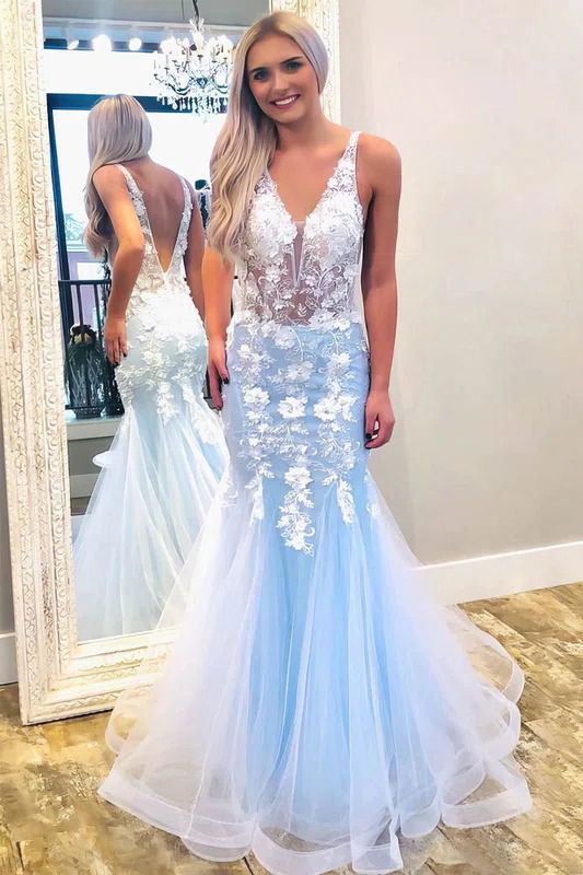 Beautiful Deep V-neck Backless Tulle Mermaid Prom Dress With Floral Lace-BIZTUNNEL