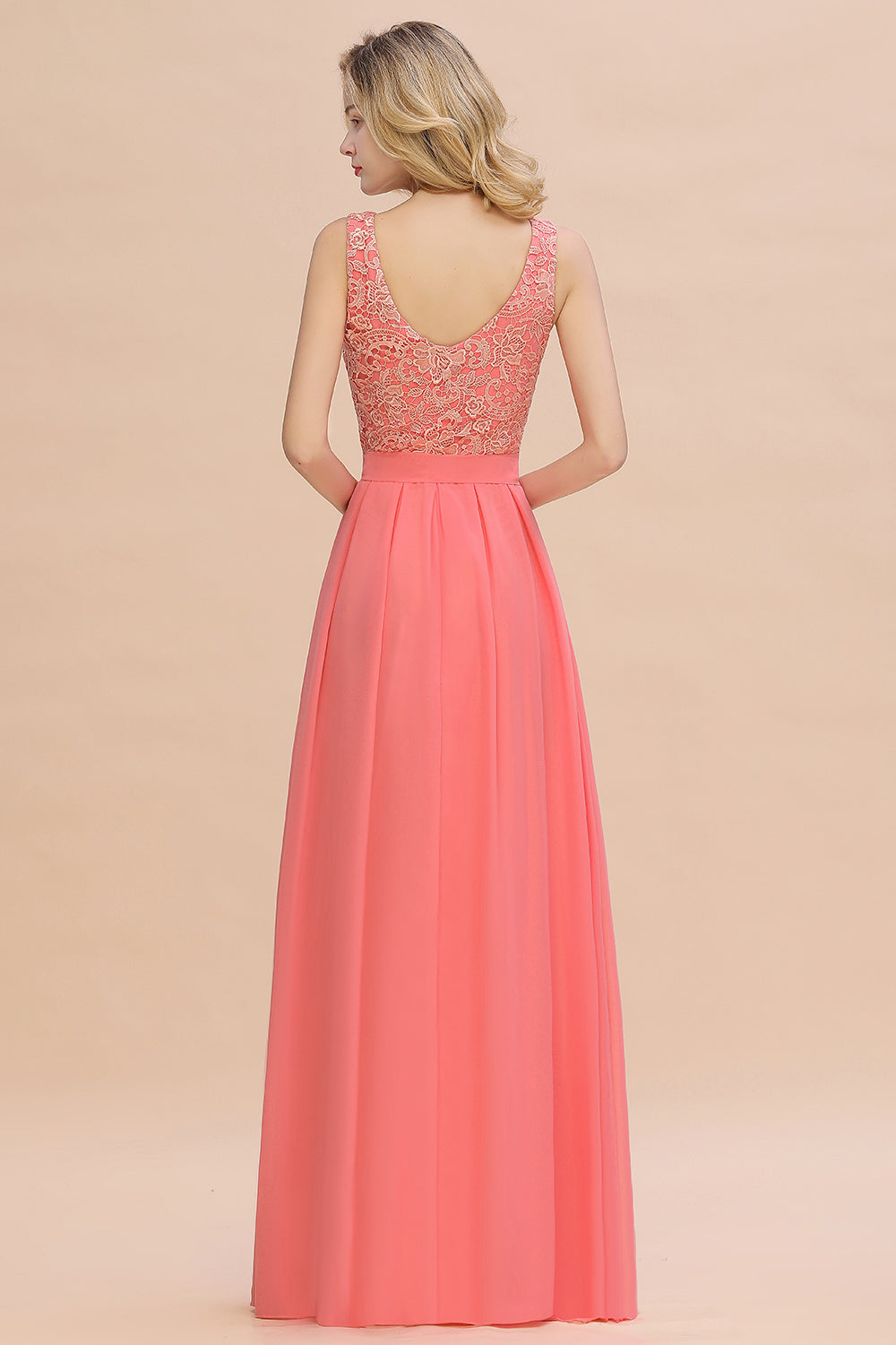 Beautiful Long A-line Bateau Appliques Lace Chiffon Bridesmaid Dress-BIZTUNNEL