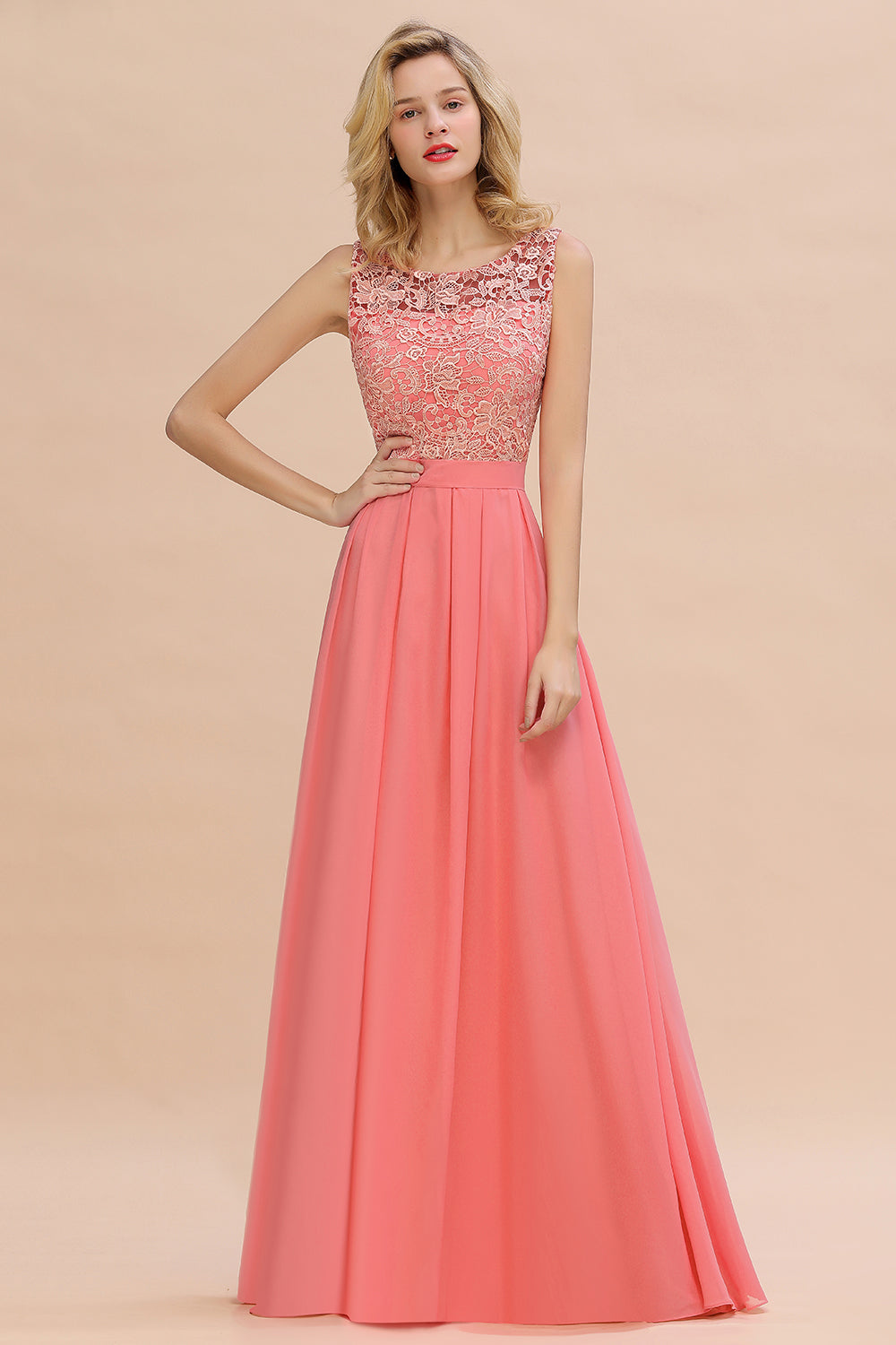 Beautiful Long A-line Bateau Appliques Lace Chiffon Bridesmaid Dress-BIZTUNNEL