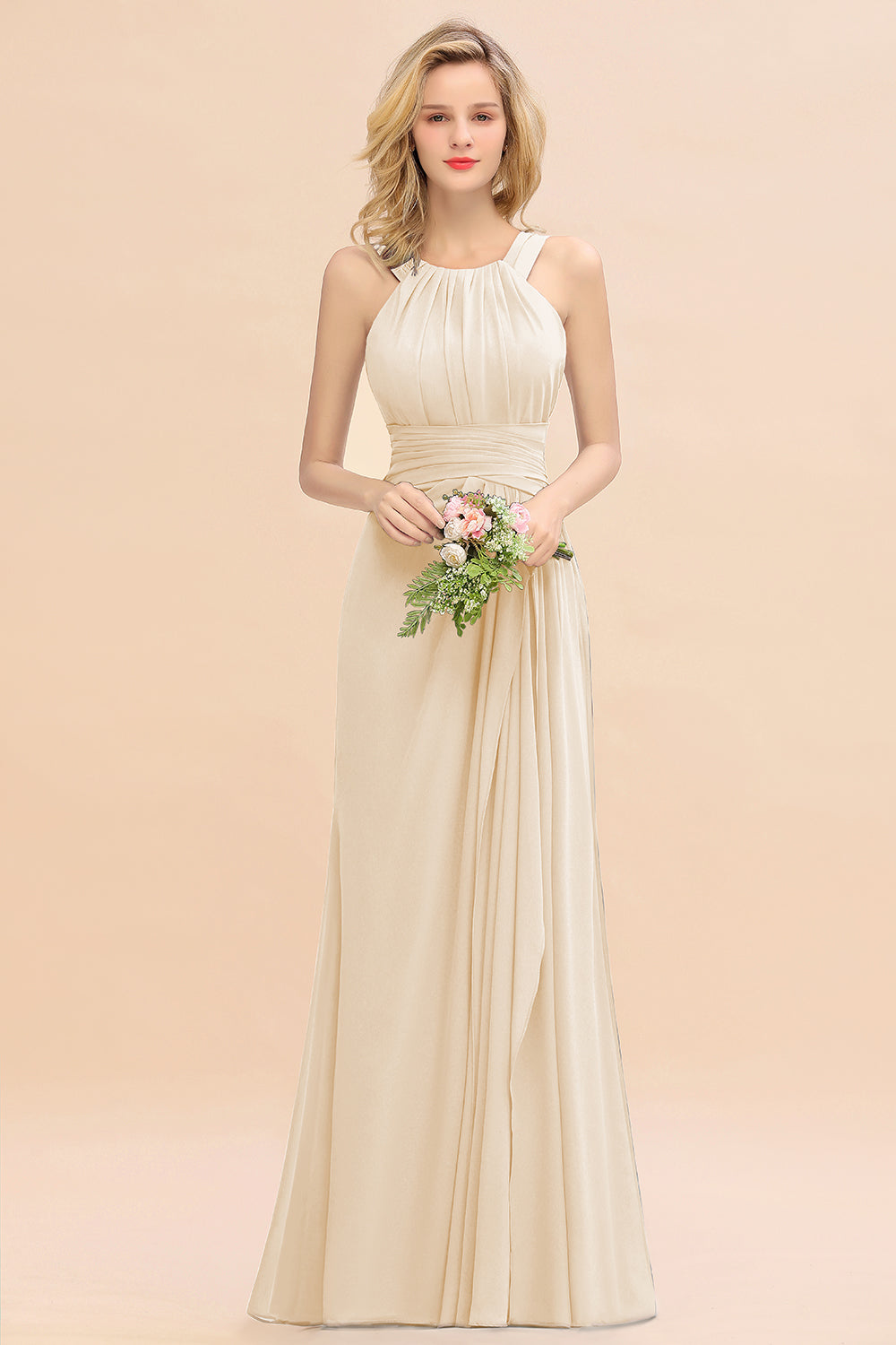 Beautiful Long A-line Halter Chiffon Backless Bridesmaid Dresses ...