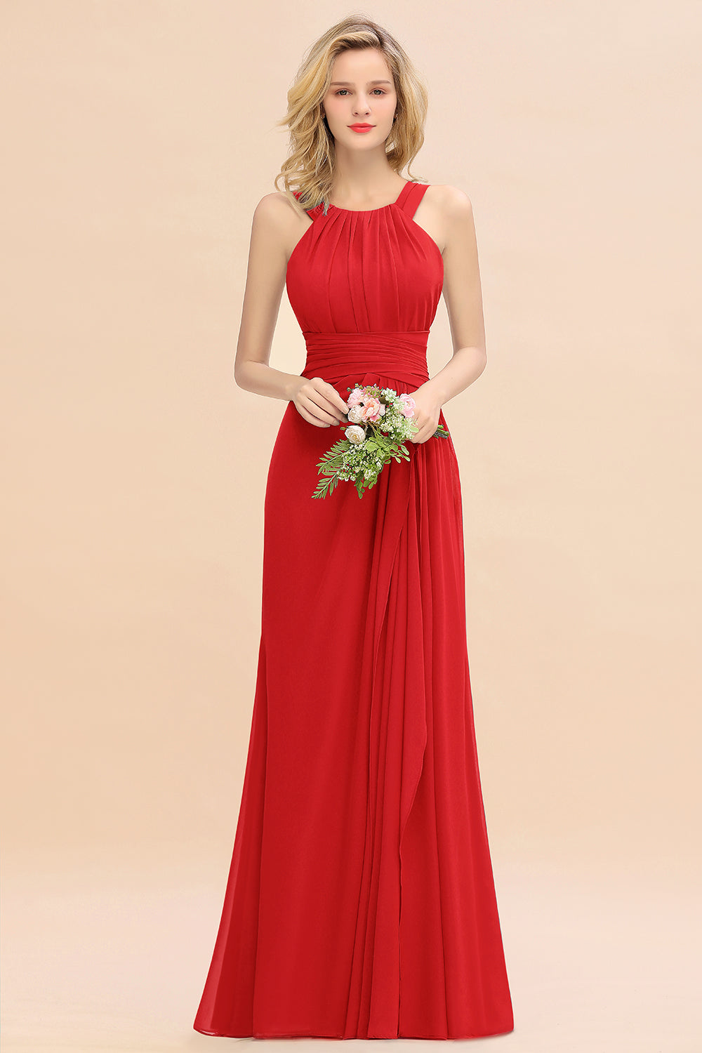 Elegant Halter Long A-line Open Back Chiffon Bridesmaid Dresses, Wedding Guest Dresses, PD0362