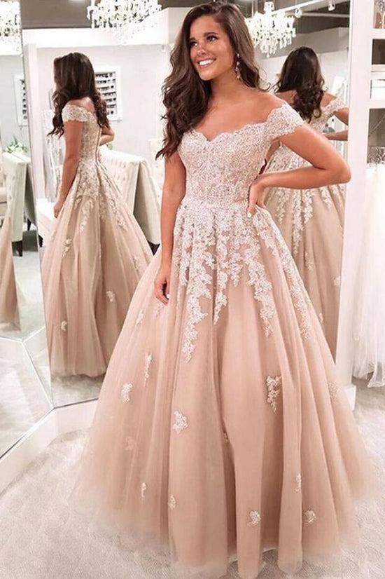 Beautiful Long A-Line Off-the-Shoulder Lace Backless Tulle Prom Dress-BIZTUNNEL