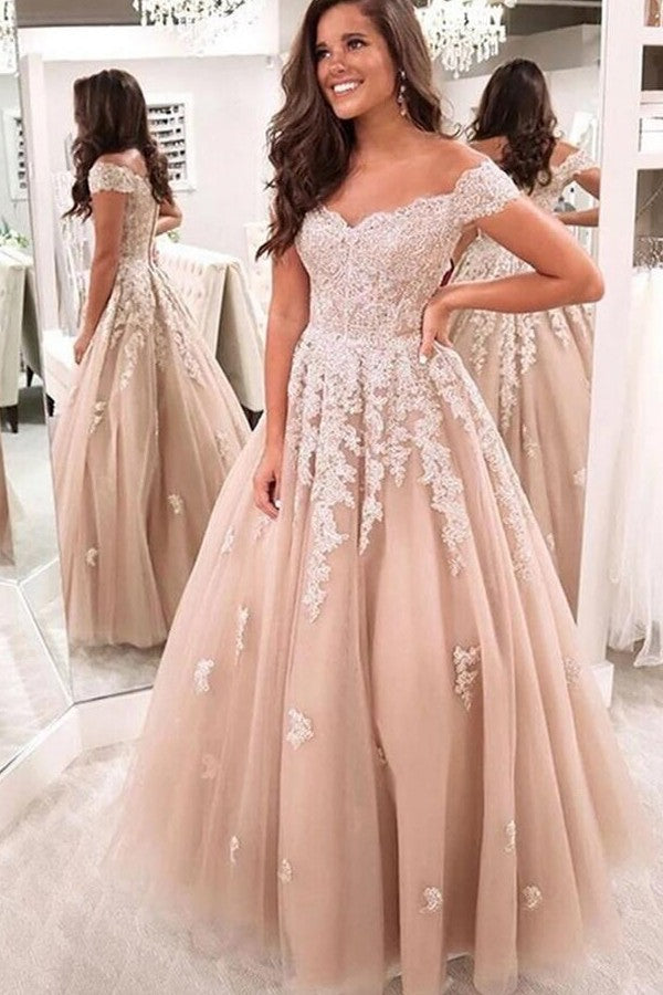 Beautiful Long A-Line Off-the-Shoulder Lace Backless Tulle Prom Dress-BIZTUNNEL
